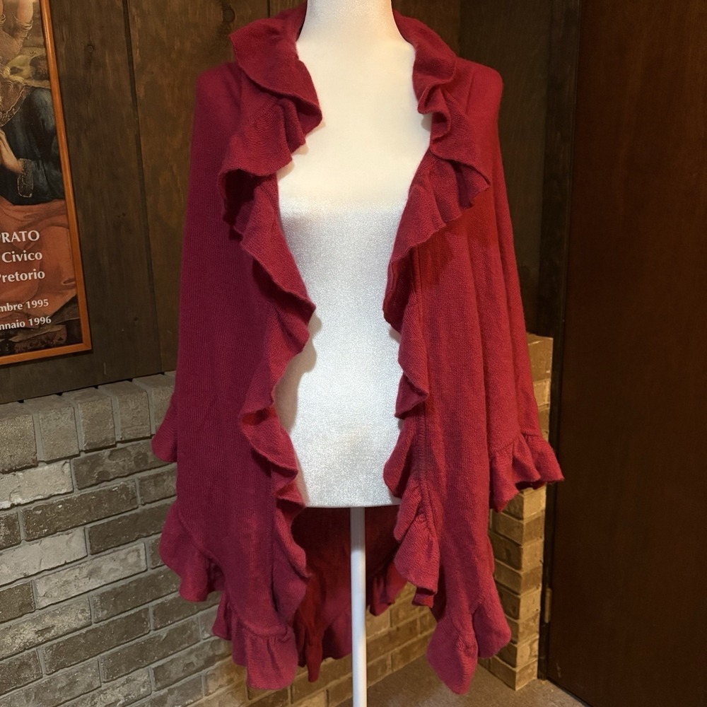 Minnie Rose O/S Red Ruffle 100% Cashmere Poncho Shawl Sweater A1642